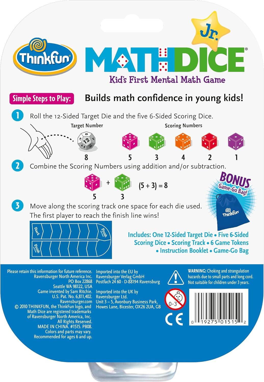 ThinkFun Math Dice Junior Game – Engaging Math Skills Builder | Perfect for Kids Aged 6+ | Aids in Mental Agility | Toy of The Year Nominee