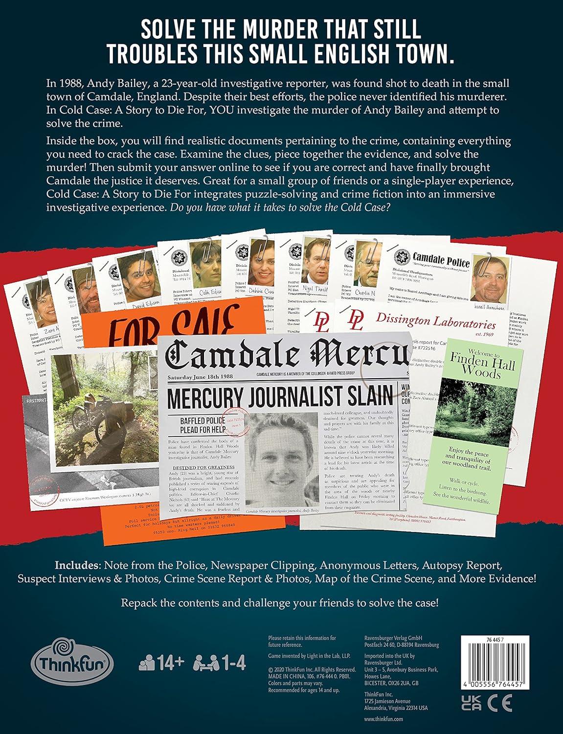 ThinkFun Cold Case: A Story to Die for – Interactive Murder Mystery Game | Engaging Storyline | Brain-Teasing Puzzles | Ideal for Teens and Adults | Perfect for Group Play